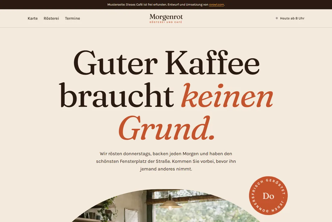 Website-Beispiel für Gastronomie: Startseite der Musterseite Morgenrot, Rösterei und Café