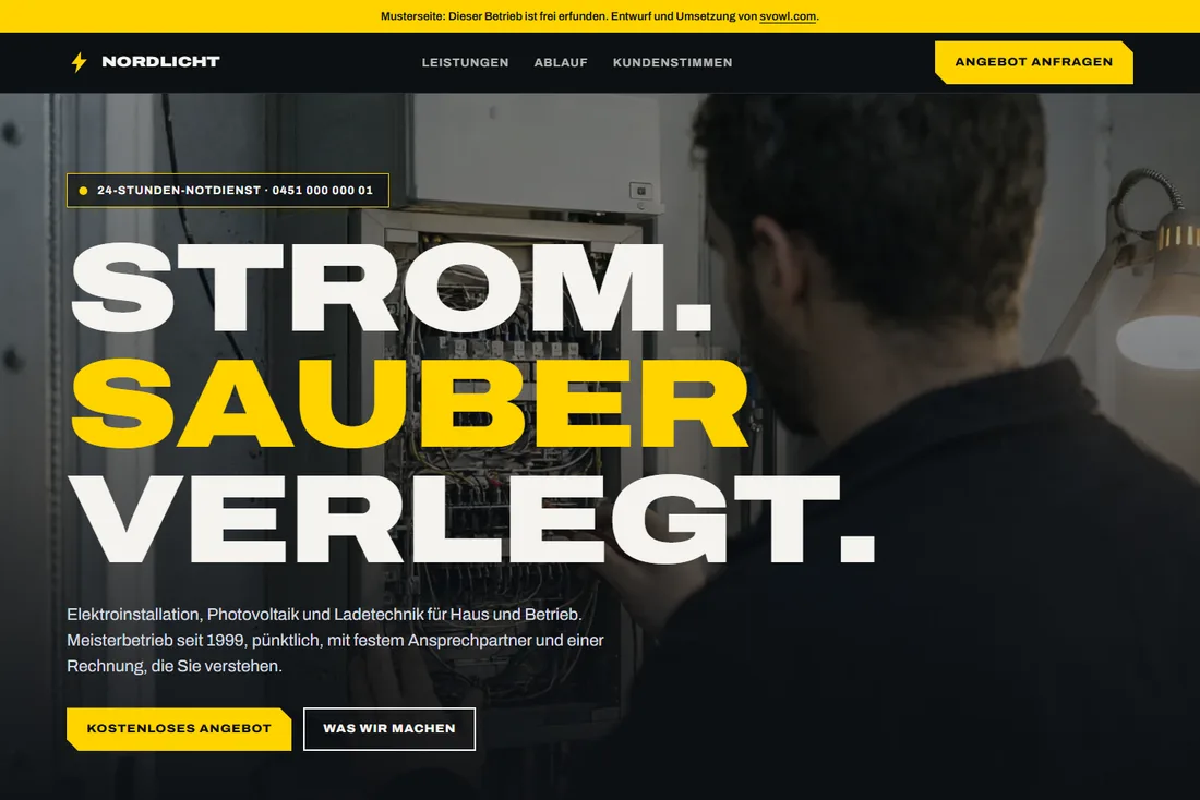 Website-Beispiel für einen Handwerksbetrieb: Startseite der Musterseite Nordlicht Elektrotechnik