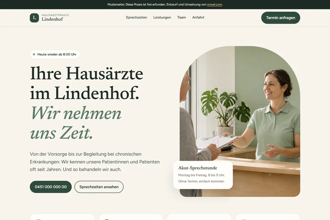 Website-Beispiel für eine Arztpraxis: Startseite der Musterseite Hausarztpraxis Lindenhof
